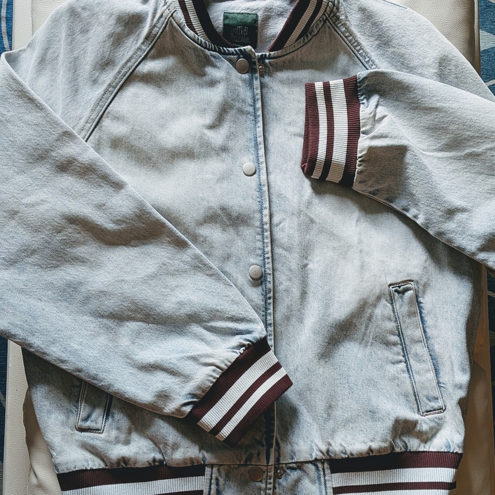Retro Acid Wash Denim Jacket with Maroon Striped Cuffs-S